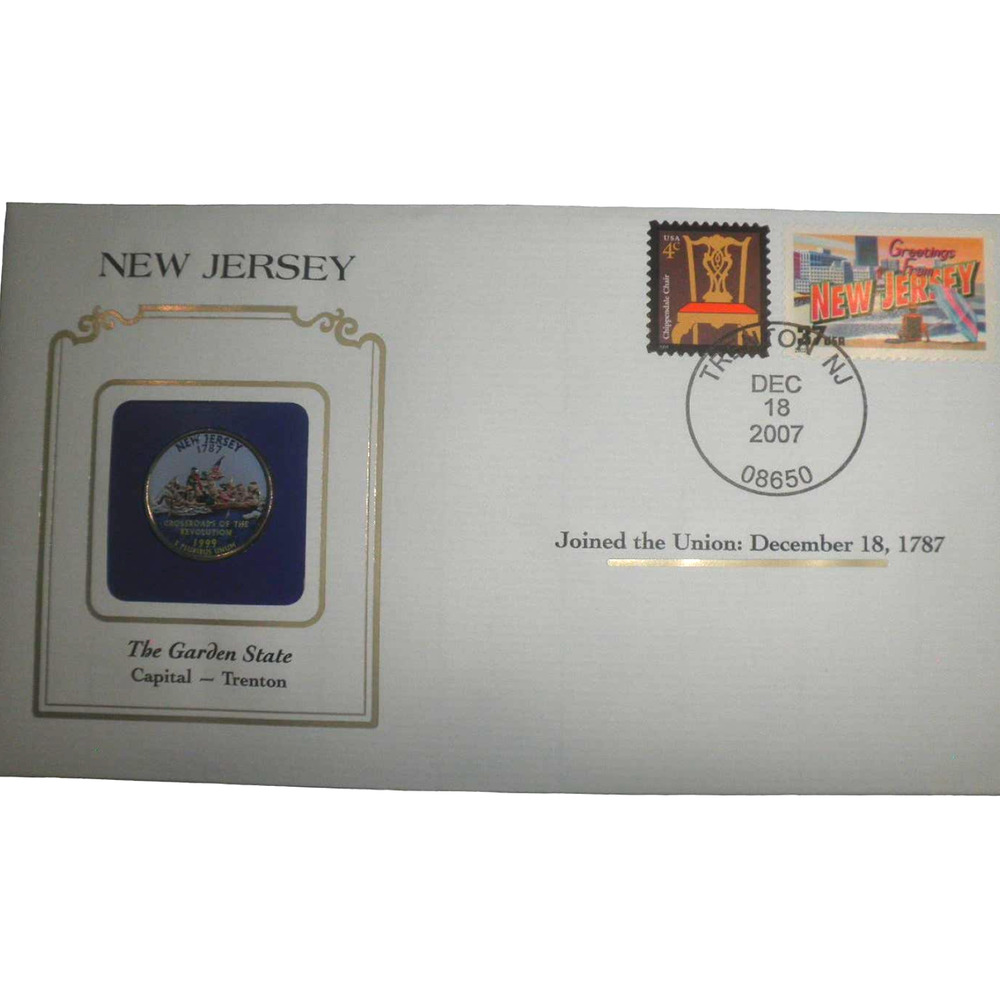 NEW JERSEY COLORIZED QUARTER & FIRST DAY COVER - POSTAL COMMEMORATIVE SOCIETY